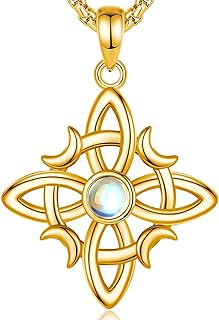 Sterling Silver Witch Knot Pendant Necklace with Box Chain and Lobster Clasp, Moonstone Design, INFUSEU Celtic Cross Witchy Wiccan Jewelry for Women