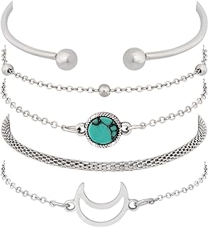 Turquoise Boho Charm Bracelet with Stainless Steel Beaded Chain for Women, Heart/Moon/Lotus Leaf/Shell & Geometric Design