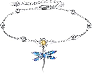 Sterling Silver YAFEINI Dragonfly and Floral Anklet Chain - Link Chain with Lobster Claw Clasp and Enamel Embellishments - Perfect Gift for Women and Teen Girls