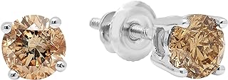 14K White Gold Round Champagne Diamond Stud Earrings with Screw Back for Women - Classic Solitaire Design