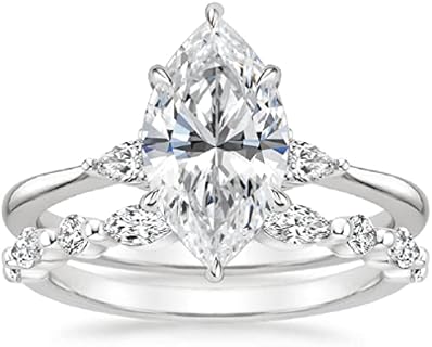 JEWELERYN Lovely Solitiare Bridal Set, Marquise Cut 3 CT, Colorless Moissanite Ring Set, 925 Sterling Silver, Engagement Ring, Wedding Ring, Christmas Gift, Perfact for Gift Or As You Want