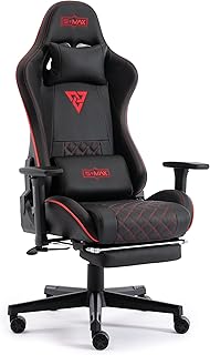 S*MAX Gaming-Stuhl mit Fußstütze und Lendenwirbelstütze, Normgröße, 3D Armlehnen und PU-Leder für Erwachsene. Ideal zum Arbeiten und Spielen. Schwarz