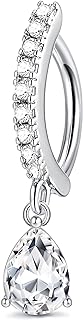 FIBO STEEL 14G Cubic Zirconia Teardrop Belly Button Ring with Clicker Clasp, Surgically Safe Stainless Steel Dangle Navel Jewelry for Stylish Individuals