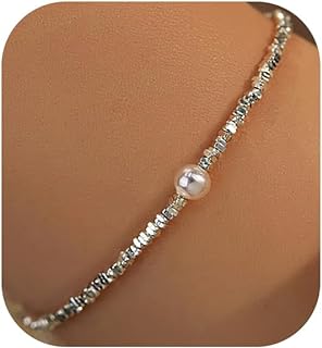 Daisy Flower Bead Pearl Bracelet with Link Chain and Lobster Claw Clasp for Women, Adjustable Length 6.5+2 inches