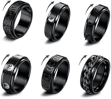 Subiceto 6Pcs Black Spinner Rings for Men Women Fidget Rings for Anxiety Stainless Steel Fidget Ring Cool Chain Inlaid Greek Key Moon Stars Wedding Promise Ring Set Size 7-10