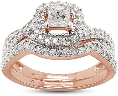 Clasp-14K Rose Gold Plated Silver Rainbow Wedding Rings-Prong Set Moissanite for Women-Princess & Round Cut Design