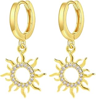 14k Gold Plated Sun Hoop Earrings with Hinged Back for Women and Girls, Cubic Zirconia Embellished, Dainty Dangle Design