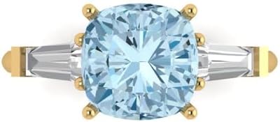 3.50ct Cushion Cut Clara Pucci Aquamarine Engagement Ring in 18K Yellow Gold, Customizable Engraving Option, for Women, 3-Stone Design
