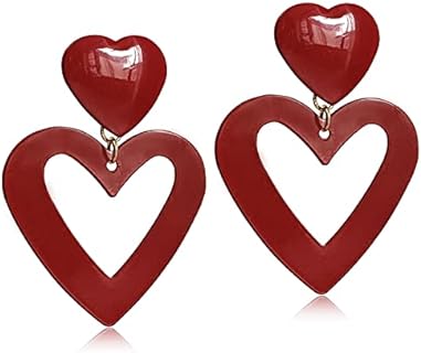 GPASTG Dainty 80s 90s White Red Double Love Heart Dangle Drop Earrings Large Hollow Alloy Hearts Stud Earrings For Women Girls Funky Statement Jewelry Gifts