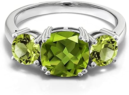 Gem Stone King 925 Sterling Silver Green Peridot 3 Stone Engagement Ring For Women (3.45 Cttw, Gemstone August Birthstone, Cushion 8MM, Available in Size 5,6,7,8,9)