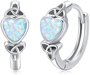 Opal Hoop Earrings for Women Teen Girls S925 Sterling Silver Small Hoop Earrings Hinged Huggie Earrings Opal Hoops Celtic Knot Heart Earrings Dainty Opal Jewelry Gifts for Mom Grandma Daughter