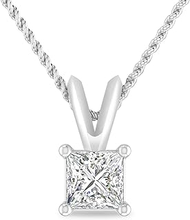 Inspireza 1 Carat Princess-Cut Diamond Solitaire Necklace with 14K Rose Gold V-Bail and 18" Rope Chain - J-Color, I3 Clarity