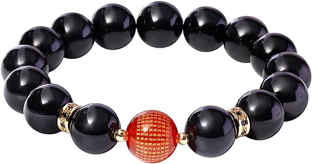 Feng Shui Black Obsidian Wealth Beaded Bracelets 12mm Natural Reiki Spiritual Healing Stones Stretch Protection Bracelet for Women Unisex Bring Luck Prosperity