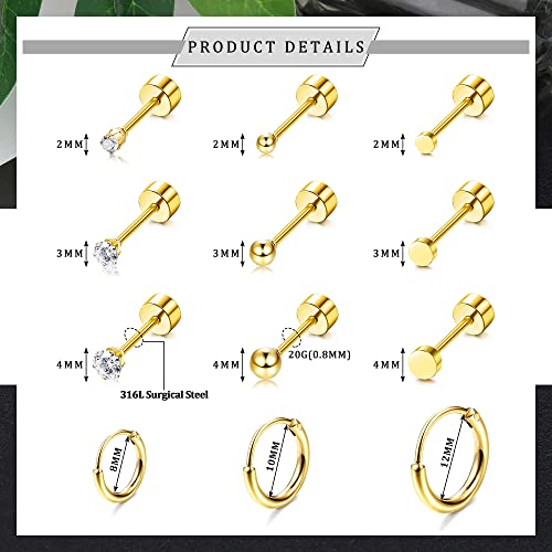 FASACCO Small Tiny Stud Flat Back Earring Gold Studs 18K Stainless Steel Earring Sets for Multiple Piercing Cartilage Hoop Earrings