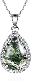 URONE Moss Agate Necklace 925 Sterling Silver Green Moss Agate Teardrop Pendant Necklaces Jewelry Gifts for Women