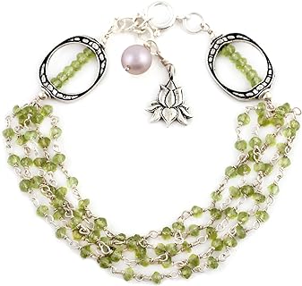 NOVICA Handmade Peridot Cultured Freshwater Pearl Beaded Bracelet from India .925 Sterling Silver Green White Charm Strand Floral Birthstone 'Lotus Beauty'