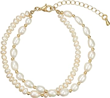 Double Layered Mother of Pearl Bead Bracelet with Bead Chain and Lobster Claw Clasp - Elegant Vintage Style for Girls and Women