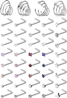 56PCS Surgical Steel Nose Rings For Women Men CZ Ball Dot Cross Heart Butterfly Nose Piercing Jewelry L Shaped Nose Ring Stud Set 20G Nose Rings Hoops Nostril Lip Piercing Body Jewelry