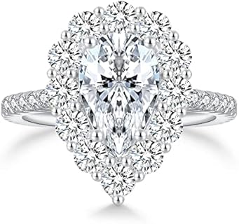 18K White Gold Plated Engagement Ring with 3.0CT Pear-shaped Cubic Zirconia for Women, Teardrop Halo Design, Eternity Promise Wedding Band