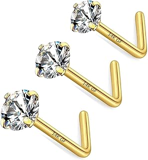 14K Gold & Stainless Steel Clasp L-Bend Nose Studs with Cubic Zirconia for Women, Pack of 3 Round Design, Hypoallergenic Piercing Jewelry