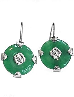 SILVER EMPIRE Fine Jewelry 925 Sterling Silver Dangle Earrings Natural Burmese Jade Round Shaped Stone w/Flower Center Cup Setting Rhodium Finish Hypoallergenic