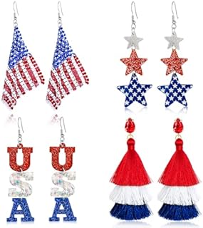 4 Pairs Patriotic American Flag Dangle Drop Stud Earrings 4th of July for Women Girls, Glitter Red White Blue Acrylic USA Star and Layered Tassel Earrings Fourth of July Accessories Independence Memorial Day Party Favor Gift