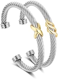 2 Pcs Cuff Bracelet for Women Twisted Two Tone Bangle, Silver Cuff Cable Wire Bracelet Knot Stainless Steel Vintage Bracelets Jewelry
