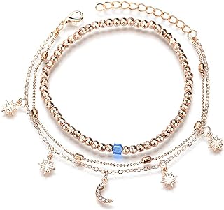 Lovogue Moon Crescent Anklet Bracelet Turquoise Multilayer Hands Tassels Foot Chain Jewelry for Women Girls
