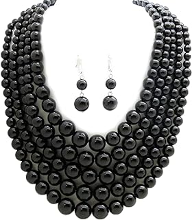 Women's Simulated Faux Pearl Five Multi-Strand Statement Necklace and Earrings Set