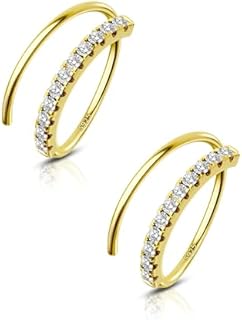 COCHARM 14K Gold Plated Double Hoop Earrings with Cubic Zirconia Gems, Sterling Silver Cartilage Jewelry for Men and Women, Unique Nested Ring Design
