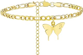 TONY & SANDY Ankle Bracelets for Women - Initial Butterfly Anklet for Women Stainless Steel Figaro Chain Summer Beach Waterproof Foot Jewelry Gifts, Gold/Silver