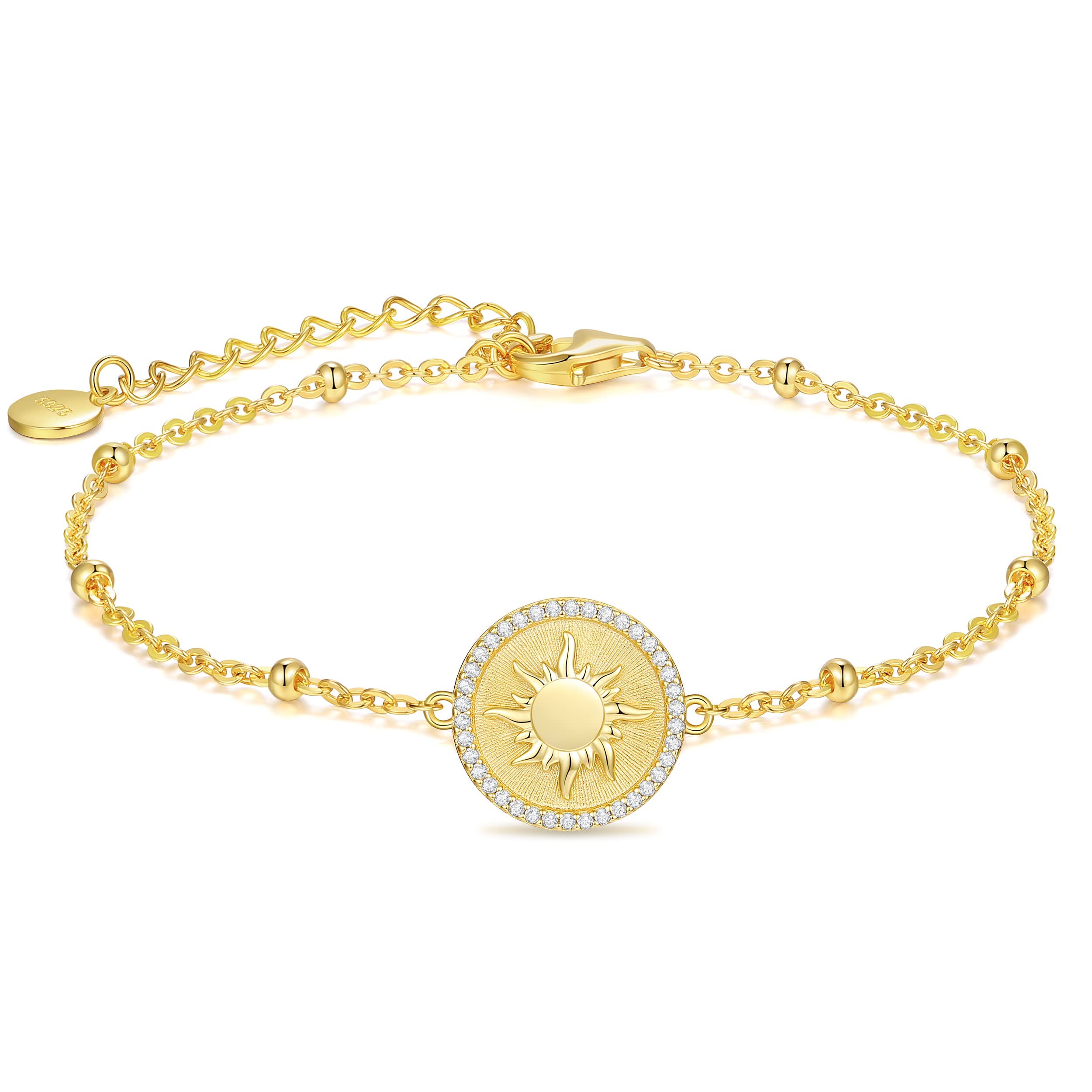 CDE Sun Bracelets for Women Girls, 925 Sterling Silver Adjustable 14K Gold Plated Charm Link Bracelet, Birthday Anniversary Christmas Jewelry Gifts for Women Wife Girlfriend Her Daughter