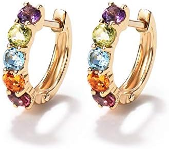 FANCIME 14K Solid Yellow Gold Genuine Amethyst Peridot Topaz Citrine Garnet Tiny/Small Hinged Huggie Cartilage Hoop Earrings Gemstone Dainty Delicate Fine Jewelry for Women Girls 12mm 15mm