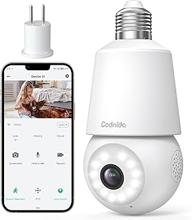 Cámara Codnida LC323 de Bombilla WiFi con Visión Nocturna en Color y Rotación 360°, Detección de Movimiento y Audio Bidireccional. Ideal para Seguridad Interior y Exterior