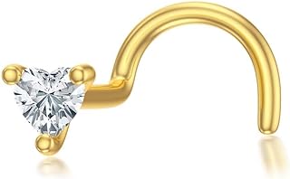 KoKollam 14K Gold Nose Studs for Women Nose Ring Piercing 3mm Moissanite Screw Heart Nose Rings 20 Gauge Hypoallergenic Corkscrew Nose Rings Piercing Jewelry Gifts