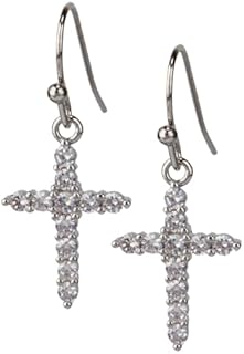 Dangle Cross Earrings with Cubic Zirconia Gems, French Wire Back Finding for Women - Brass Construction in Gold, Rose Gold & Silver