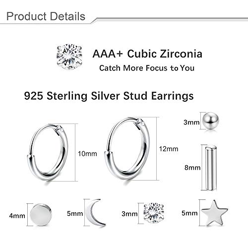 8 Pairs Sterling Silver Stud Earrings Sets for Women Men 14K Gold Plated Tiny Ball Dot Star Moon Bar CZ Stud Earrings Lightweight Small Huggie Hoops Cartilage Earrings Sets for Multiple Piercing Hypoallergenic