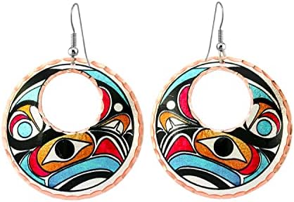 Eagle Totem Earrings for Women with Colorful Blue Backdrop. NW Native Totem Jewelry, Copper Handmade Tribal Eagle Earrings, Eagle Earrings Hoop