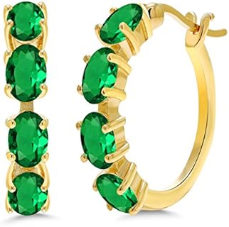 Gold-Plated Silver Emerald Hoop Earrings with Hinge Notched Post for Women, Oval Design 6x4MM
