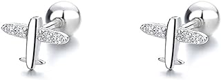CZ Airplane Tiny Cartilage Stud Earrings Sterling Silver 925 Cute Crystal Rhinestone Small Tragus Studs Statement Barbell Helix Earring with Screw Back Ear Piercing Fashion Jewelry Gifts for Women