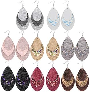 Feathered Elegance Leather Dangle Earrings with French Wire Backs for Women, Layered Design in Assorted Colors, 8 Pair Set