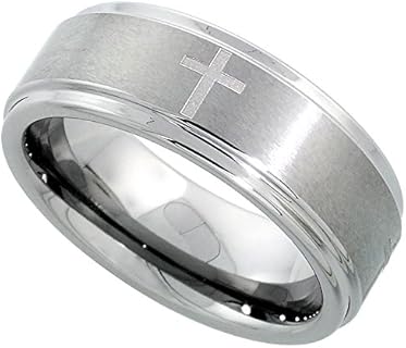 Tungsten Carbide 8 mm Flat Wedding Band Ring Satined Center Etched Crosses Recessed Edges, sizes 7 to 14