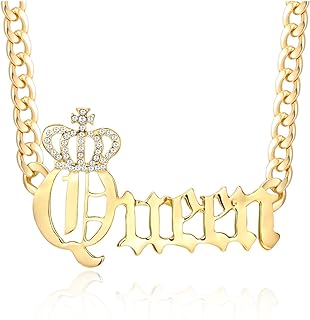 Crown Queen Letter Pendant Necklace for Women Girls Crystal Hip Hop Statement Chain Necklace Party Club Valentine’s Day Jewelry Gift