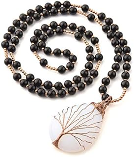 Jovivi Natural Amethyst Quartz Healing Crystals Necklace Wire Wrapped Teardrop Life Tree Chakra Gemstone Pendant 28" Mala Beads Chain