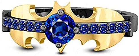 1.00 Ct Round Cut Created Blue Sapphire Beautiful Knight Batman Designed Engagement Wedding Ring 14K Black & Yellow Gold Plated 925 Sterling Sliver Gift For Her,Promise Ring For Womens