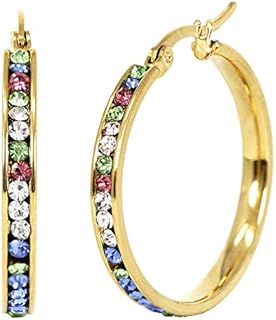 Women's Stylish Stainless Steel Hoop Earrings with Latch Back and Rhinestone Accents, Available in Multiple Sizes
