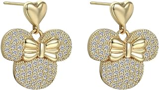 Kokoma Cute Dangle Mouse Stud Earrings 14K Gold Plated Rhinestone CZ Heart Bow Knot Dangling Drop Earrings Cartilage Valentines Day Jewelry Gifts for Women Girls