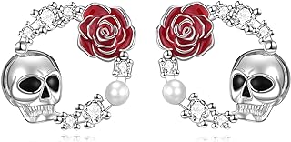 Push-Back Sterling Silver Skull and Rose Stud Earrings for Women and Girls - YFN Skull Jewelry Ideal Gift for Rave and Halloween Parties