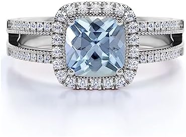 MRENITE 1 Carat Cushion Cut Aquamarine Engagement Ring, 10K/14K/18K Gold, with Dainty Moissanite Accents - Classic March Birthstone Jewelry Gift