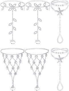 Hicarer 6 Pieces Foot Jewelry Barefoot Sandals for Women Rhinestone Anklets Bohemian Foot Chain for Beach Wedding Valentine's Day